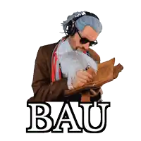 a man in an american flag costume is holding a book and smoking a cigarette with the word bau above him