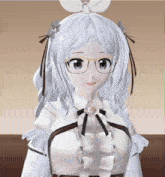 a cartoon girl with white hair and glasses is smiling