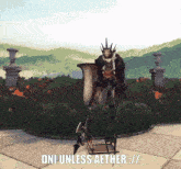 a video game character with a sword and shield says " dni unless aether : // "