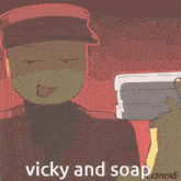 a man in a red hat is holding a stack of soap