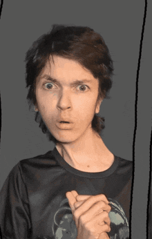 a man with a surprised look on his face wearing a black shirt