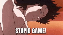 a cartoon of a woman laying down with the words `` stupid game '' written on the bottom .