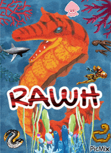 a picture of a seahorse with the word rawh written on it