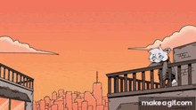 a cartoon of a cat on a balcony with a city in the background