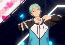 a boy with green hair and purple eyes makes a heart shape with his hands