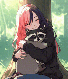 a girl is holding a raccoon in her arms