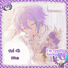 a drawing of a boy with purple hair and the words " i 'm really lucky "