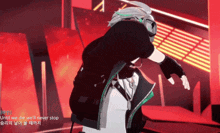 a video game character is dancing with the words " until we die we 'll never stop " on the bottom