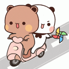 two cartoon bears are riding a pink scooter with a pinwheel on the back .