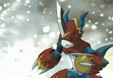 a red and blue cartoon character with a sword in his hand