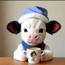a cow wearing a blue hat and scarf is holding a mug of coffee