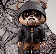 a teddy bear wearing a black jacket and sunglasses