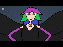 a cartoon drawing of a woman with purple hair and a bow tie