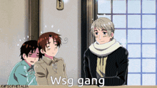 a group of anime characters are standing around a table with the words wsg gang below them