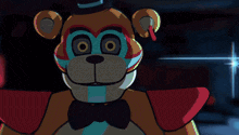 a teddy bear in a room with a star behind it