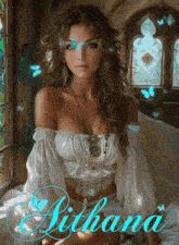 a woman in a white dress is sitting in front of a stained glass window with butterflies flying around her .