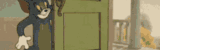 a cartoon of a cat peeking out of a door