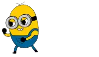 a cartoon minion wearing overalls and goggles runs on a white background