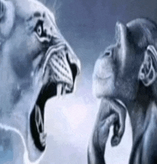 a drawing of a monkey and a lion with their mouths open
