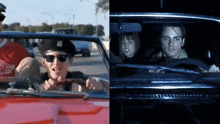 a man in a police hat is driving a car next to a woman