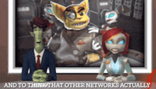 a man and a woman sitting in front of a screen that says and to think that other networks actually