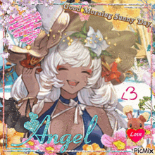 a picture of a girl with the words good morning sunny day angel on it