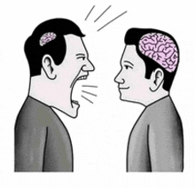 a cartoon of two men with brains on their heads talking to each other .