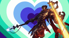 a man holding a sword in front of a heart shaped background