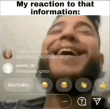 a man with a beard is laughing with his mouth open .