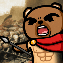 a cartoon of a teddy bear holding a spear with a red cape