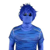 a person wearing a blue shirt and sunglasses has a blue wig on