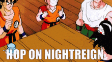 a group of cartoon characters are sitting around a table with the words hop on nightreign written on the bottom