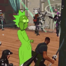 a cartoon of rick and morty in a video game with the words change outfit on the bottom