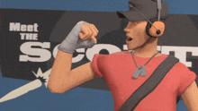 a man wearing headphones stands in front of a meet the scout sign