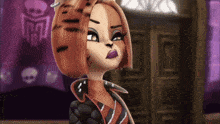 a monster high character is standing in front of a purple wall