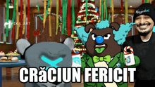 a man wearing a blizzard hat stands next to a cartoon character and the words craciun fericit