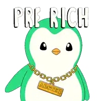 a green penguin with a gold chain around its neck and the words pre rich written above it
