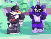 two cartoon characters are standing next to each other with one wearing a purple outfit with a hood and the letter f on it