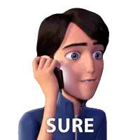 a cartoon of a man talking on a cell phone with the word sure behind him