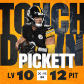 an advertisement for a football player named pickett holding a football
