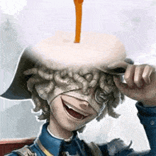 a man wearing a mask and a hat with a cake on his head is smiling .