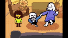 a video game scene with a skeleton , a cat , and a dog dancing in a living room .