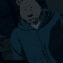 a bear wearing a blue hoodie is smiling at the camera