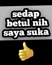 a cartoon hand giving a thumbs up with the words sedap betul nih saya suka below it
