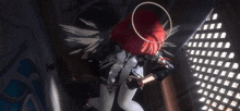 a woman with red hair and a halo on her head is standing in a room .
