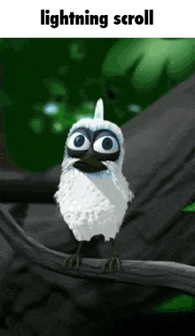 a cartoon bird is sitting on a tree branch with the words lightning scroll below it