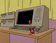 a cartoon of a man holding a guitar standing next to a computer