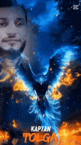 a picture of a man and a bird with the name kaptan tolga written on it