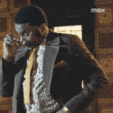 a man in a suit and tie says i like it in white letters