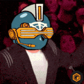 a cartoon of a man wearing a helmet and sunglasses with the letter i on it